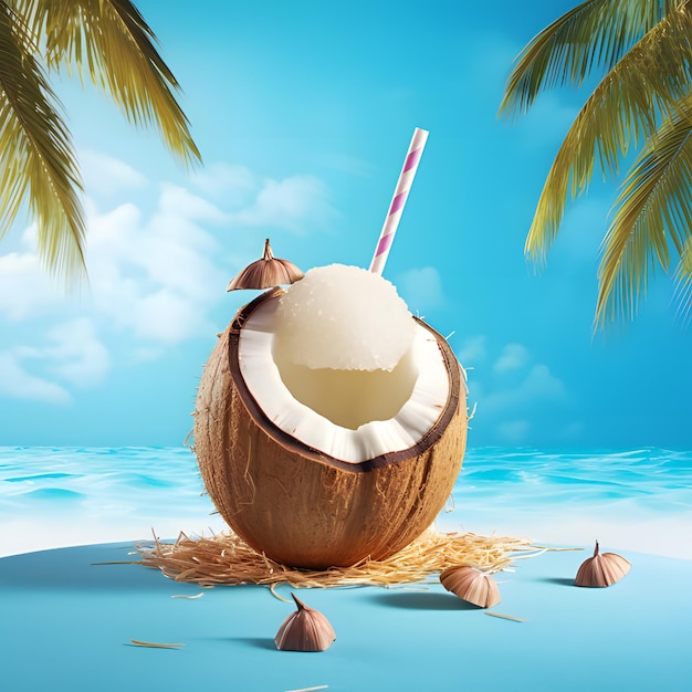 빨대가 있는 코코넛과 빨대가 들어있는 코코넛