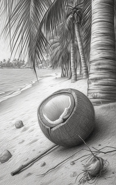A coconut with straw on tropical beach pencil sketch