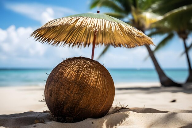 A coconut with a straw umbrella on a beach