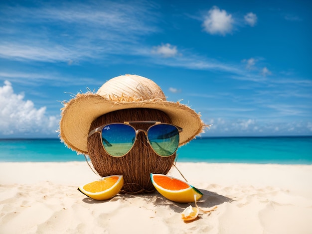 Coconut with sunglasses and Strawhat at tropical beach