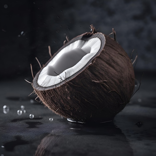 Coconut with water drops on a dark background Selective focus