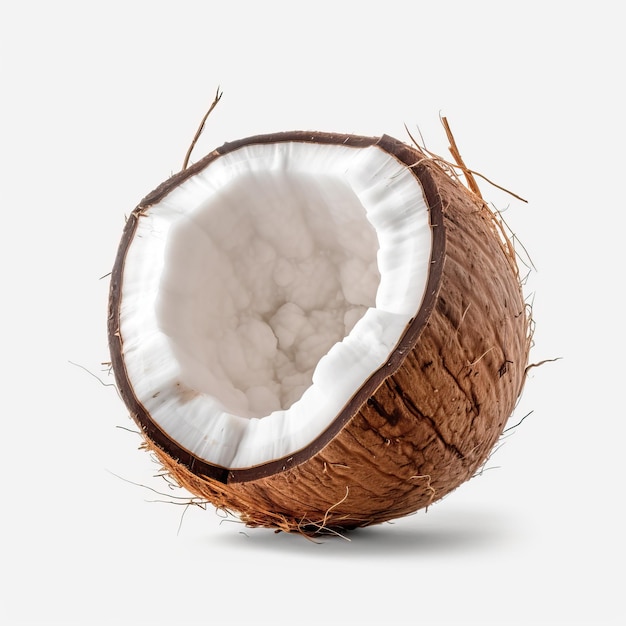 A coconut with a white interior and a cut out of it.