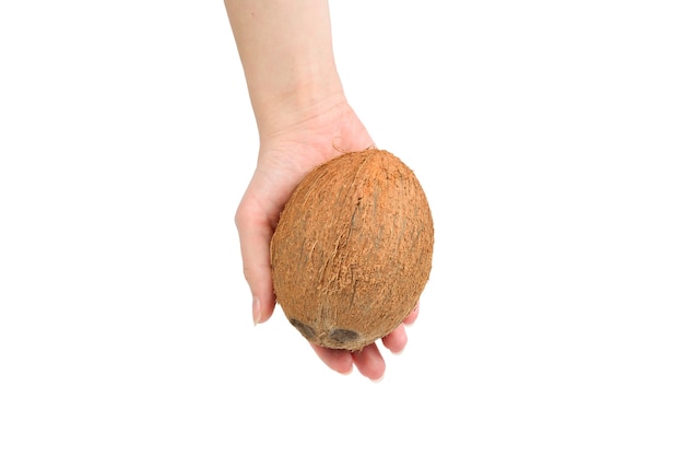 Coconut in woman and isolated on white