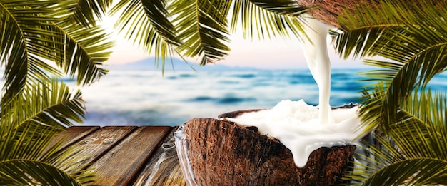 Coconut and wooden table panoramic