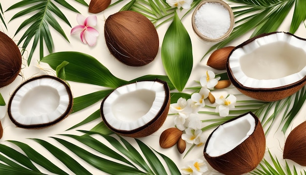 кокосовые орехи выставлены на белой ткани с цветами и листьями