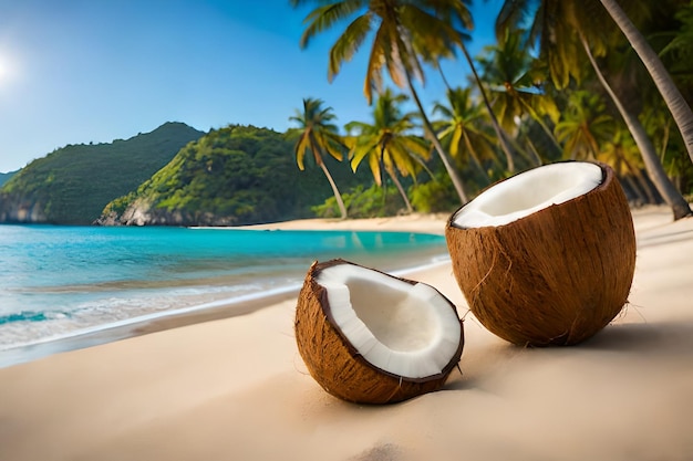 Coconuts on a beach with a beach in the background