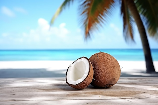 Coconuts on a beach with a blue sky in the background