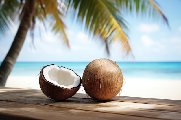 Coconuts on a beach with a palm tree in the background