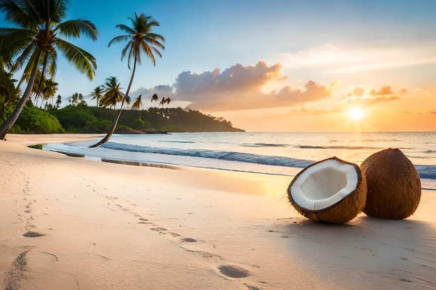 Coconuts on a beach with palm trees in the background