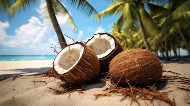 кокосовые орехи на пляже с местом для молока или сливок генеративный ai