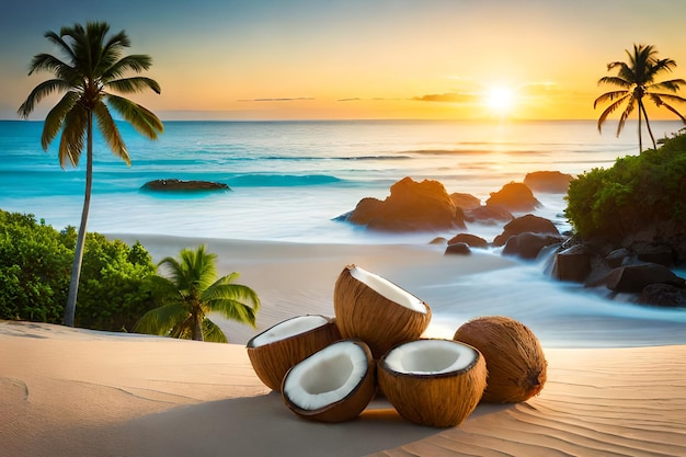 Coconuts on a beach with a sunset in the background