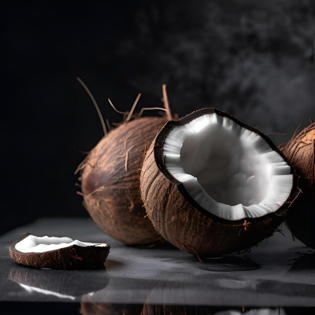 Coconuts on a black background Copy space for text