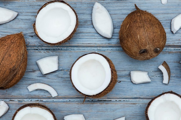 Coconuts on a rustic wooden background