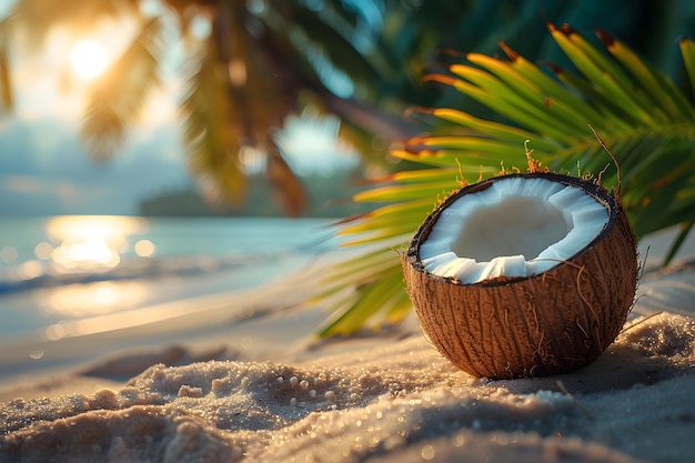 Foto noci di cocco sulla spiaggia estiva con happy summer copy space per il tuo design estivo
