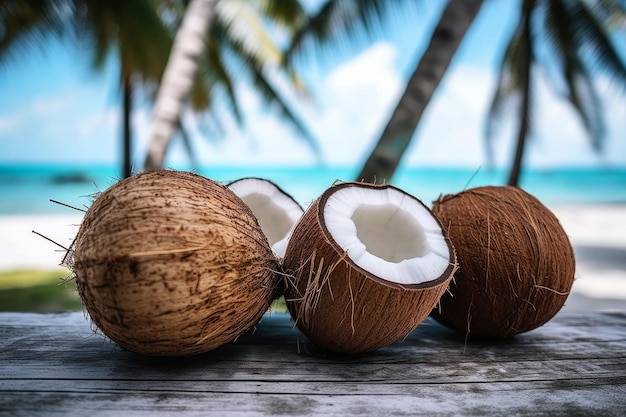 Coconuts on a table with a blue sky in the background