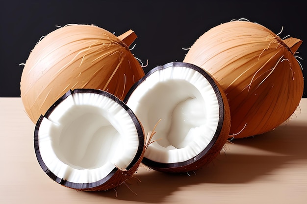 coconuts on a table with a cut in half