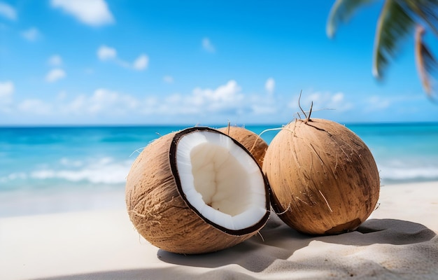 coconuts on white beach sand over blue transparent ocean wave ba