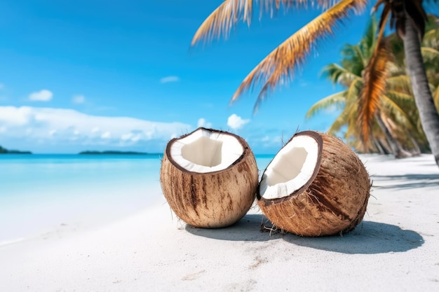 Foto noci di cocco sulla sabbia bianca della spiaggia