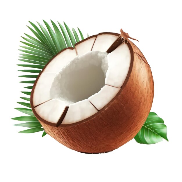 白い背景の葉のあるココナッツ