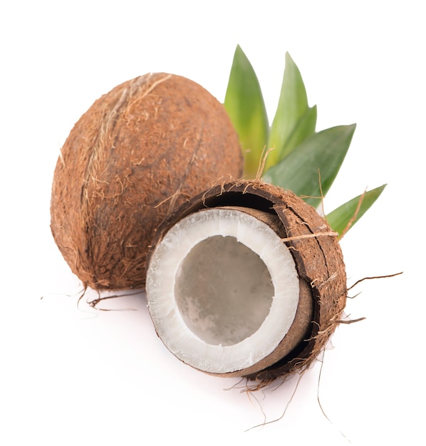 Coconuts with leaves on a white isolated.