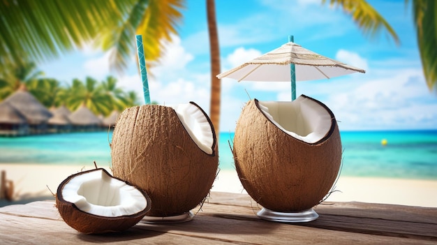 海の近くの木製のテーブルの上にストローと傘付きのココナッツ