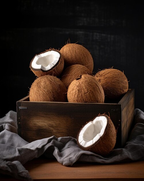 Photo coconuts in a wooden box on dark stone