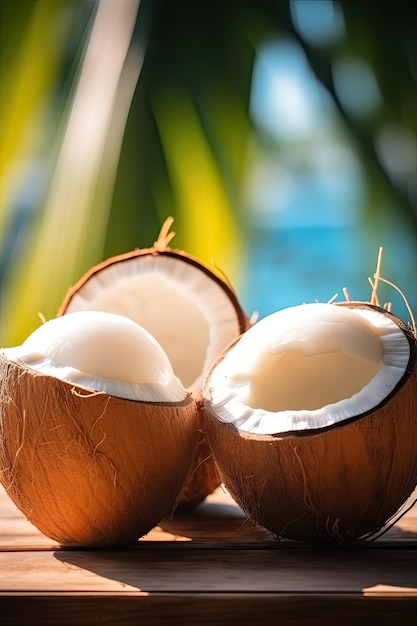 Coconuts on a wooden table with a palm tree in the background with copyspace for text