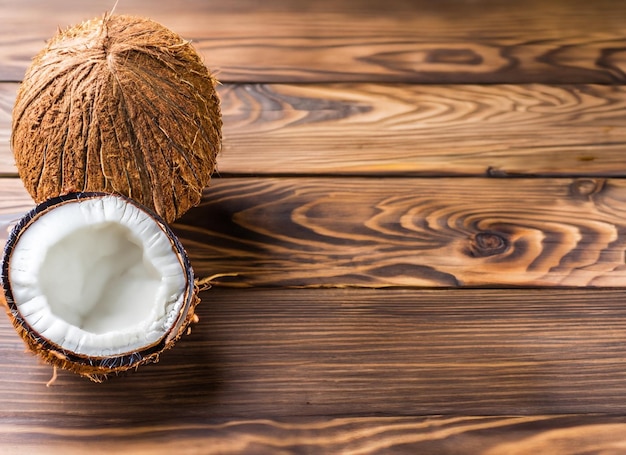 Coconuts on a wooden table