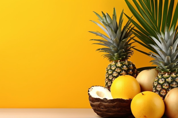 Cocos palm ananas tropical fruits on yelllow background