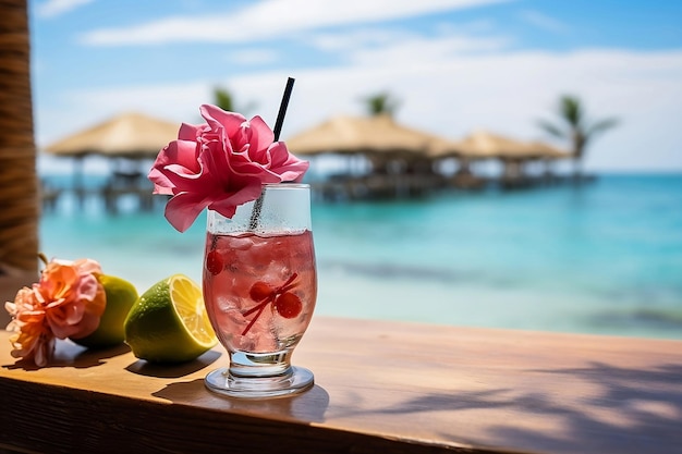 Coctail with ice and rose on table on background with sea and bowngalos