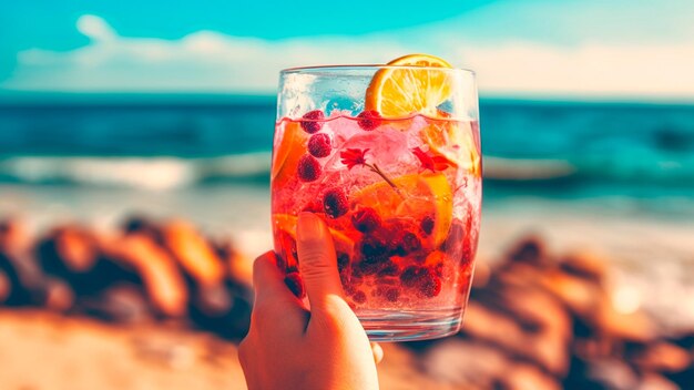 Coctel frio con frutas de colores y fondo con vistas a la playa