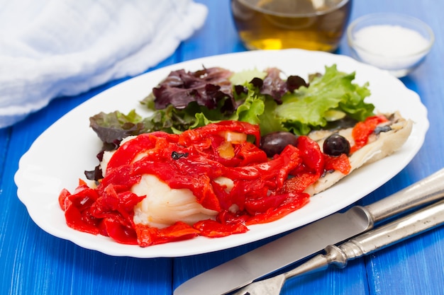 Cod fish with red grilled pepper and salad