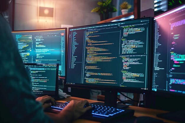 code creation programmers collaborate coding on screens in java language