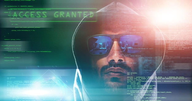 code overlay hacker and portrait of man for programming coding and information technology in dark cybersecurity computer interface and person with mockup for online crime fraud and install virus