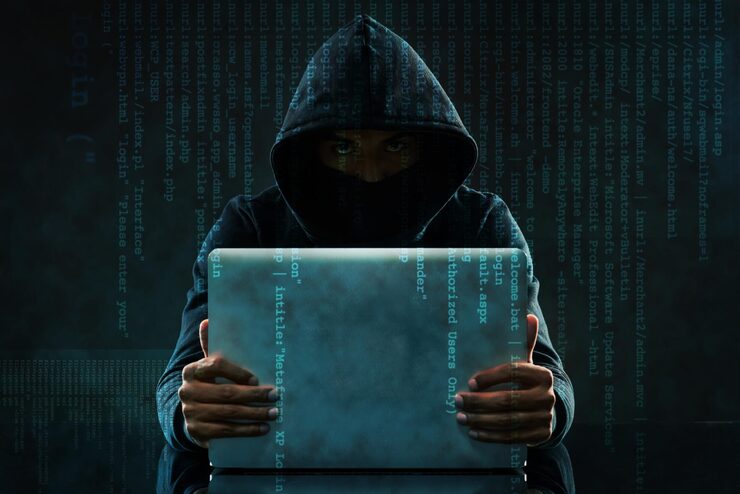 Photo code overlay laptop and portrait of hacker for programming coding and information technology in dark cybersecurity user interface and person with computer for online crime fraud and virus