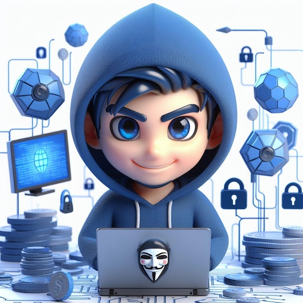 code wizard expressions 3d illustration featuring a blue hacker cartoon face on white