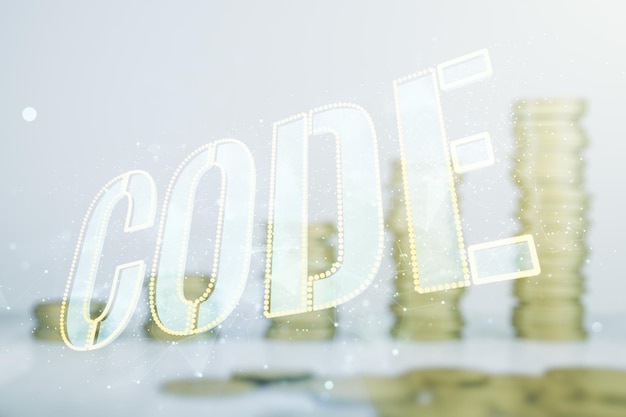Code word hologram on coins background international software development concept Multiexposure