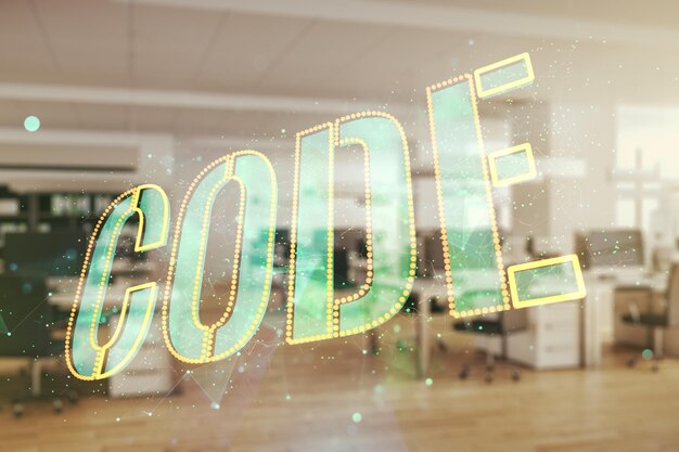 Code word hologram on modern corporate office background artificial intelligence and neural networks concept Multiexposure