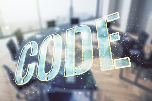 Code word hologram on a modern coworking room background international software development concept Multiexposure