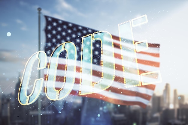 Code word hologram on USA flag and blurry cityscape background international software development concept Multiexposure