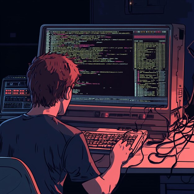 a coder debugging a program with error messages displayed on the screen