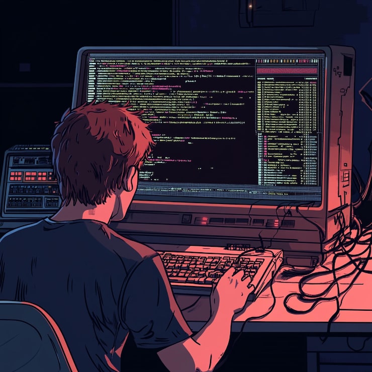 Photo a coder debugging a program with error messages displayed on the screen