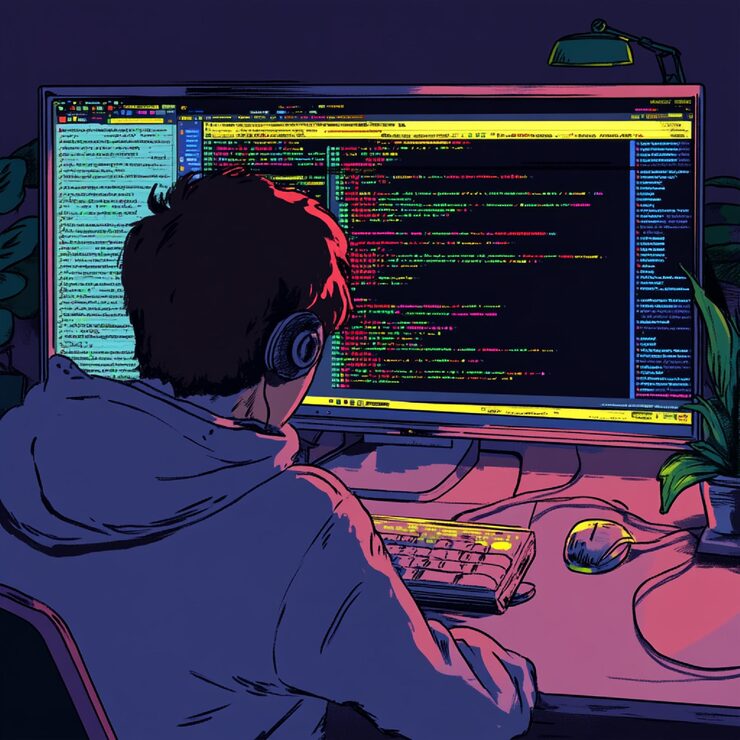 Photo a coder debugging a program with error messages displayed on the screen