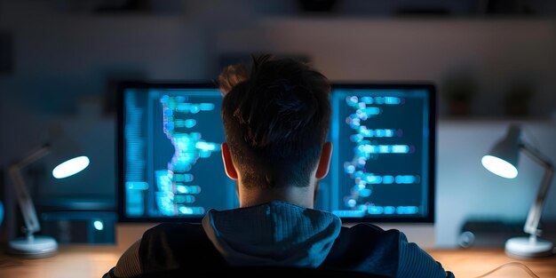 coder focused on computer in cozy home office immersed in programming concept coding computer programming home office tech focus cozy workspace