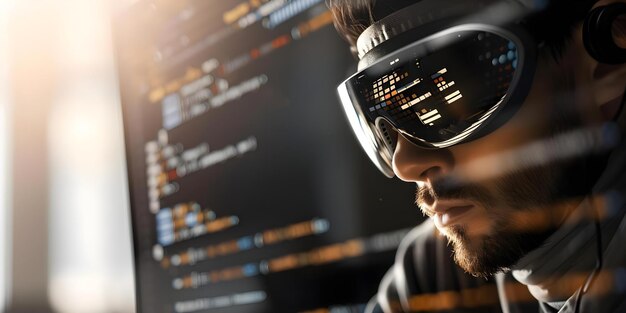 coder in goggles focused on developing software and testing security concept software development coding in progress security testing goggles on focused coder