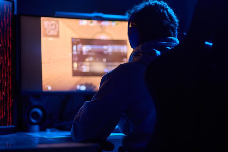 Photo 코더는 밤 늦게 컴퓨터 화면에서 코딩을 하고 스마트폰 앱을 사용하고 있습니다.