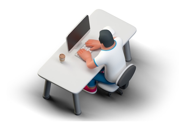 Coder Programmer sitting at Table with Desktop Computer Monitor typing coding 3D rendering