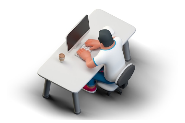 Coder Programmeur zittend aan tafel met desktopcomputermonitor typen codering 3D-rendering