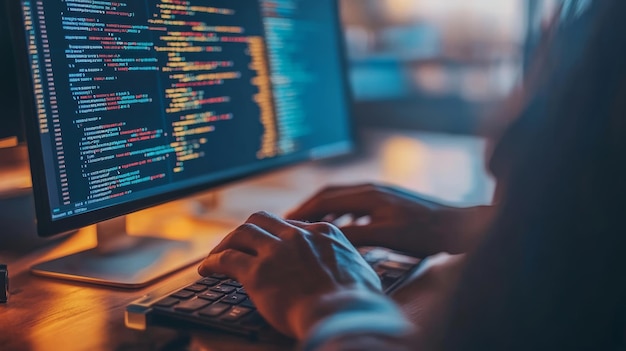 a coder typing on a keyboard with a focus on the glowing screen displaying complex lines of code great for illustrating software engineering and it work in modern environments