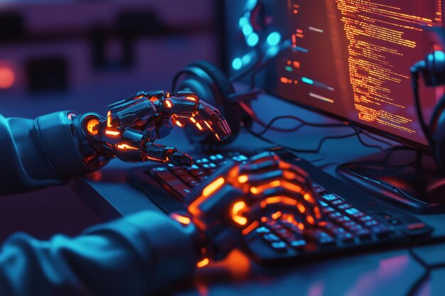 a coder with glowing robotic hands immerses in programming at a futuristic workspace